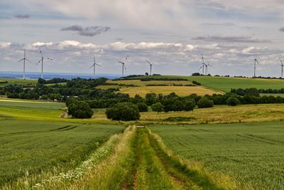 Scenic view of farm against sky