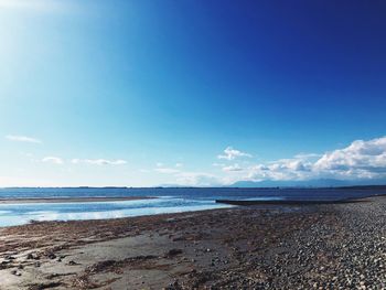 Scenic view of beach against blue sky