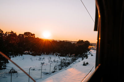 Scenic view of landscape against clear sky during sunset