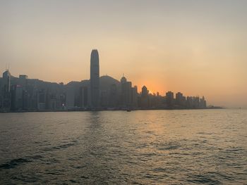 Buildings in city at sunset