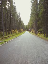 Empty road amidst trees in forest against sky