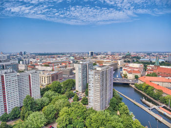 High angle view of buildings against sky