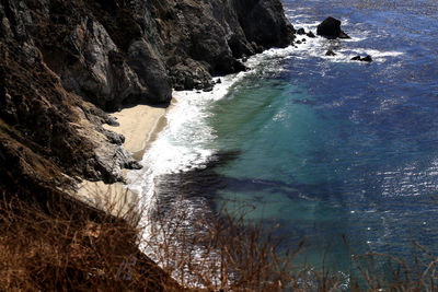 High angle view of mountains by seascape