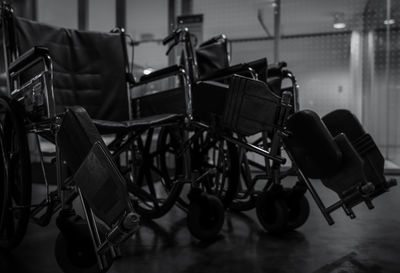 Empty wheelchair in hospital at night for service patient and disabled people. medical equipment.