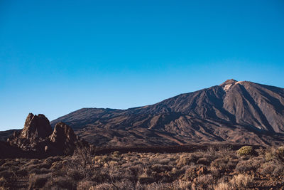 Scenic view of mountains against clear blue sky