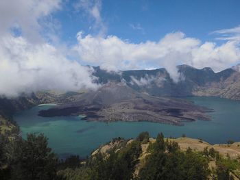 Scenic view of lake amidst mountains against sky