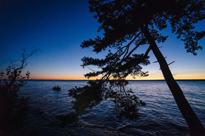 Silhouette tree by sea against sky during sunset