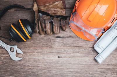 High angle view of tools on table