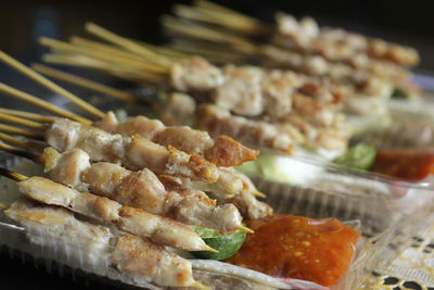 Close-up of served food in tray