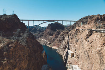 Panoramic view of river and mountains against clear sky