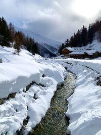 Scenic view of snow covered mountains against sky