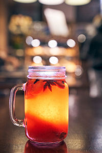 Close-up of mulled wine on table in the cafe 