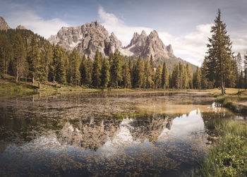 Scenic view of lake by mountains against sky