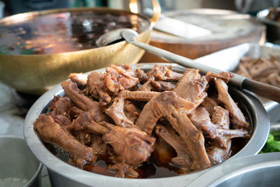 High angle view of meat in bowl on table