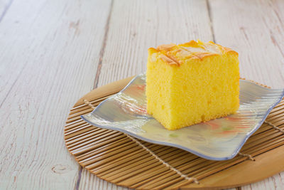 High angle view of cake in plate on table