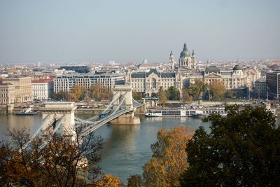 Bridge over river against buildings in city