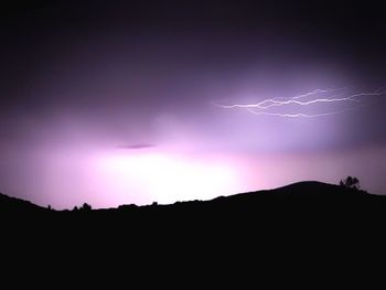 Scenic view of silhouette mountain against dramatic sky at night