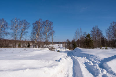 Snow covered field against blue sky