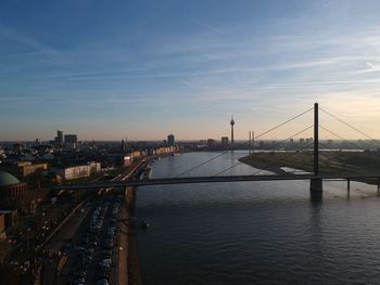 High angle view of bridge over river against buildings düsseldorf 