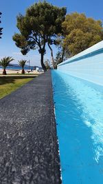 Swimming pool by trees against blue sky