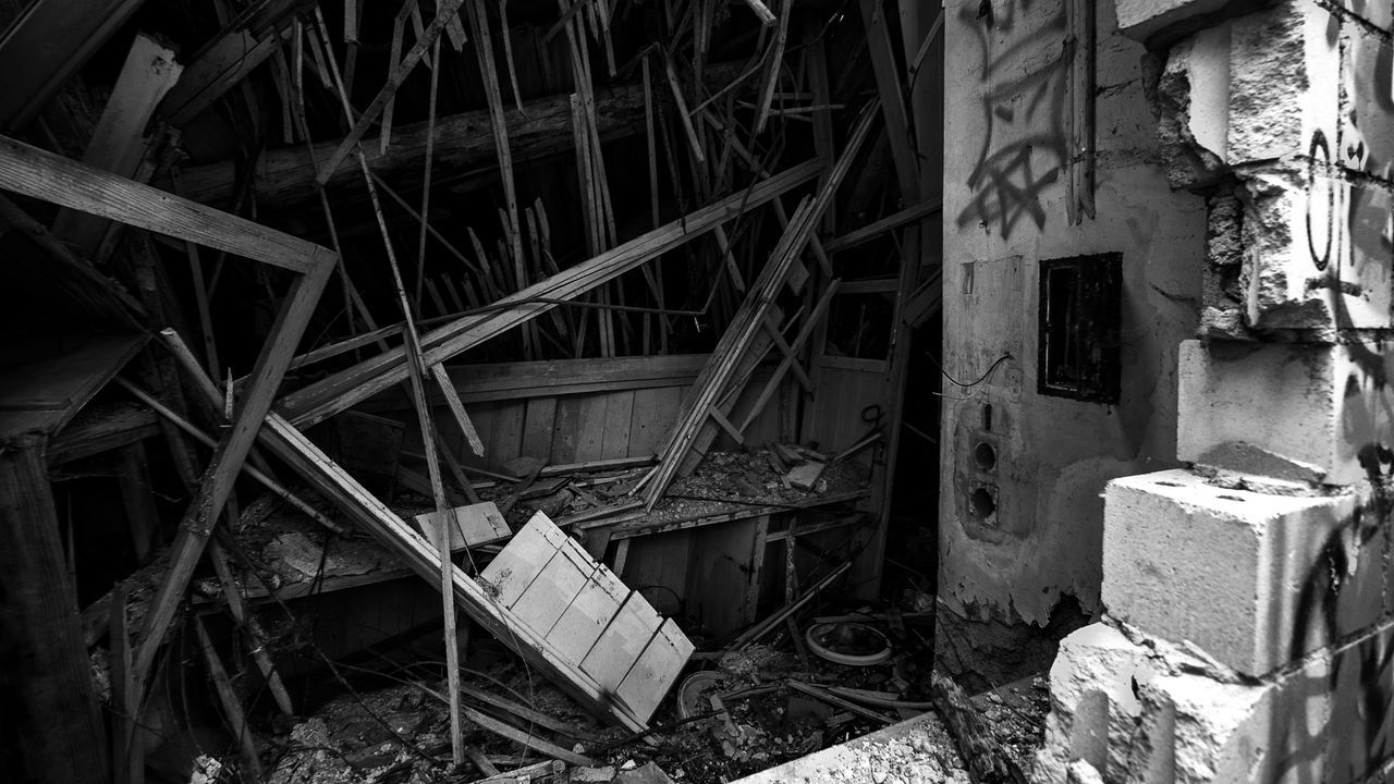 black, abandoned, architecture, black and white, built structure, white, damaged, monochrome, no people, rundown, monochrome photography, darkness, old, building, decline, deterioration, bad condition, urban area, broken, day, ruined, destruction, building exterior, house, wall - building feature, history, demolished, outdoors, nature, messy, dirt