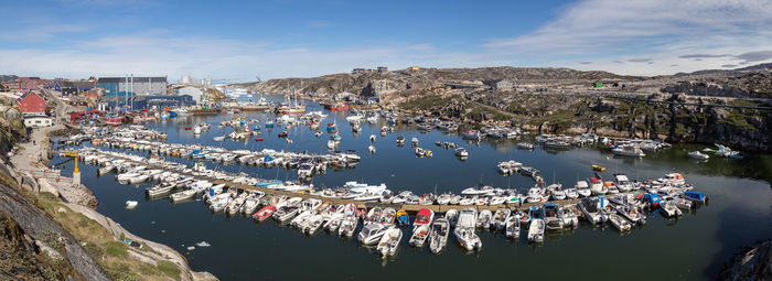 High angle view of boats moored in harbor