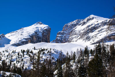 Scenic view of snowcapped mountains against clear blue sky