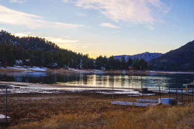 Scenic view of lake against sky at sunset