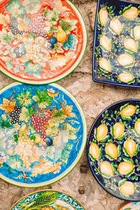 High angle view of chopped fruits in bowl on table