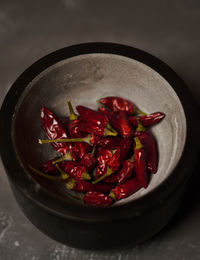 High angle view of red chili peppers in bowl on table