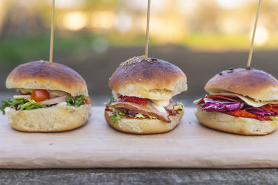 Close-up of burger on cutting board