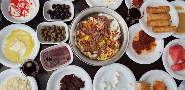 High angle view of breakfast on table