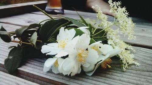 High angle view of white rose on table