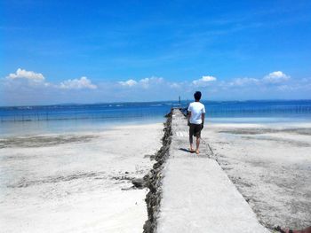 Rear view of man standing on pier at beach