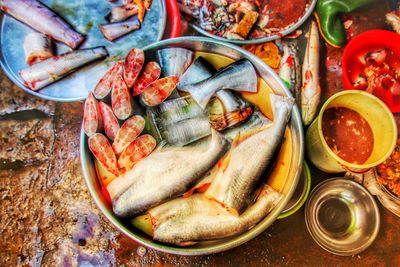 High angle view of fish on table