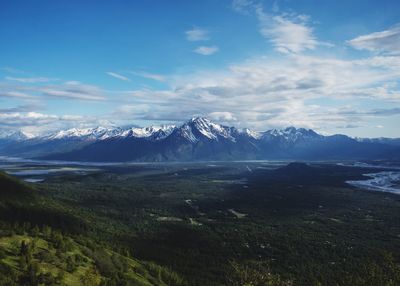 Scenic view of snowcapped mountains against sky