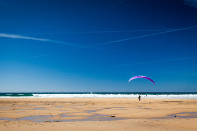 Scenic view of beach against blue sky