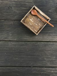 High angle view of old wooden box on table