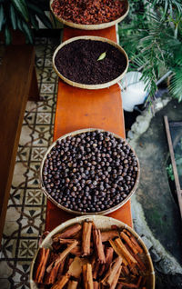 High angle view of spices drying on railing at balcony