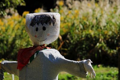 Rear view of person against white plants