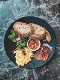 High angle view of breakfast served in plate