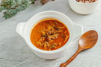 High angle view of soup in bowl on table