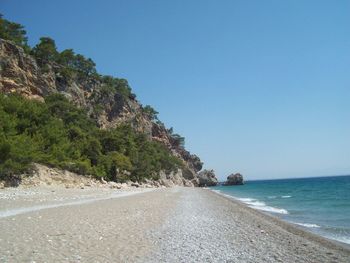 Scenic view of sea against clear blue sky