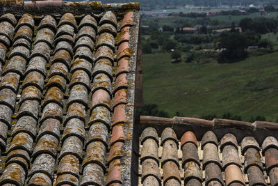 High angle view of stack of roof tiles