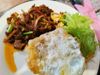 High angle view of food served in plate