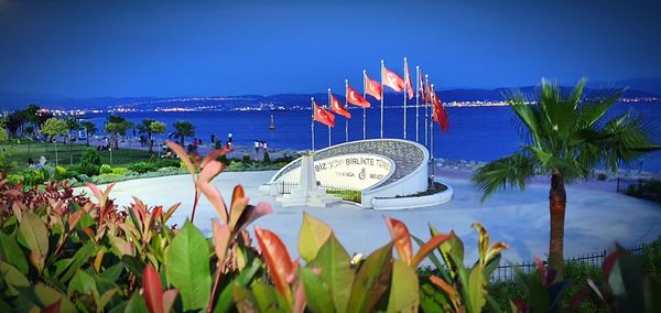 Panoramic view of bay against blue sky