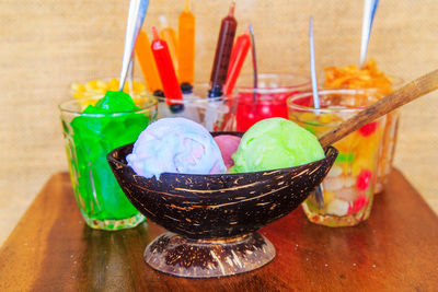 High angle view of candies on table