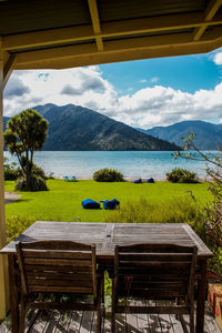 Scenic view of lake by mountains against sky