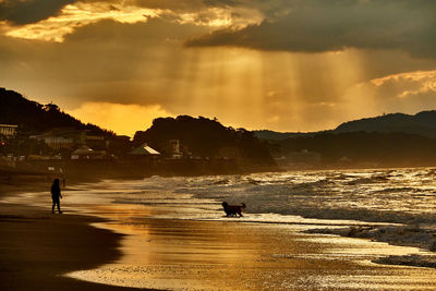 Silhouette people at beach against sky during sunrise