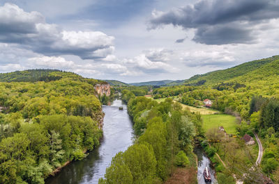 Panoramic view of river amidst green landscape against sky